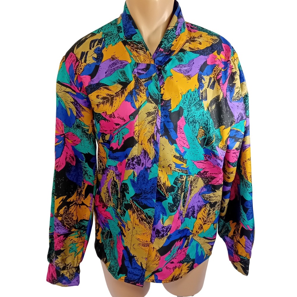 Vintage 80s Elite International Abstract Colorful Leaf Button Up Top Aprx 12